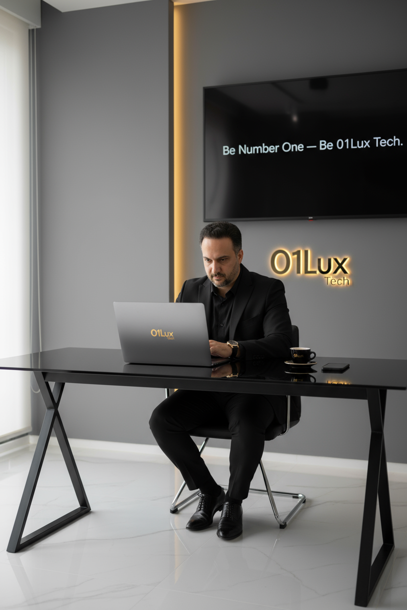 Mehdi Beheshti working at a laptop in a professional 01Lux Tech office setting